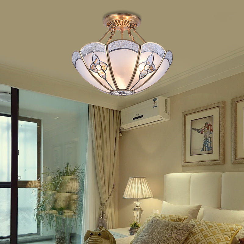 Scalloped Bedroom Semi Flush Mount Antique Metal 4 Bulbs Brass Ceiling Lighting with Curved Frosted Glass Shade Clearhalo 'Ceiling Lights' 'Close To Ceiling Lights' 'Close to ceiling' 'Semi-flushmount' Lighting' 275680