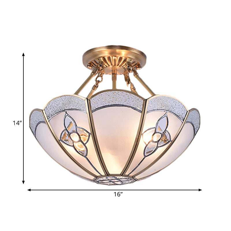 Scalloped Bedroom Semi Flush Mount Antique Metal 4 Bulbs Brass Ceiling Lighting with Curved Frosted Glass Shade Clearhalo 'Ceiling Lights' 'Close To Ceiling Lights' 'Close to ceiling' 'Semi-flushmount' Lighting' 275682