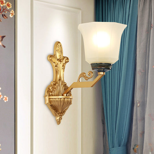 1/2-Light Wall Mounted Light with Flared Shade Opal Glass Vintage Stylish Bedside Wall Light Fixture in Brass Clearhalo 'Wall Lamps & Sconces' 'Wall Lights' Lighting' 275685