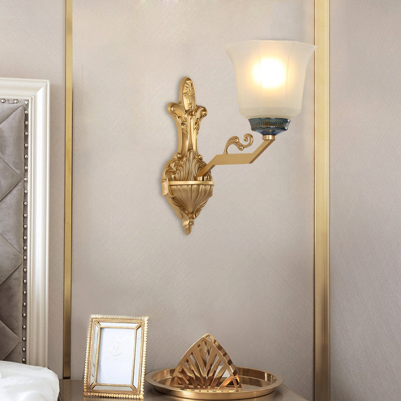 1/2-Light Wall Mounted Light with Flared Shade Opal Glass Vintage Stylish Bedside Wall Light Fixture in Brass Clearhalo 'Wall Lamps & Sconces' 'Wall Lights' Lighting' 275686