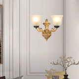 1/2-Light Wall Mounted Light with Flared Shade Opal Glass Vintage Stylish Bedside Wall Light Fixture in Brass Clearhalo 'Wall Lamps & Sconces' 'Wall Lights' Lighting' 275692