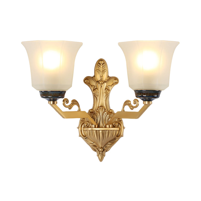 1/2-Light Wall Mounted Light with Flared Shade Opal Glass Vintage Stylish Bedside Wall Light Fixture in Brass Clearhalo 'Wall Lamps & Sconces' 'Wall Lights' Lighting' 275693