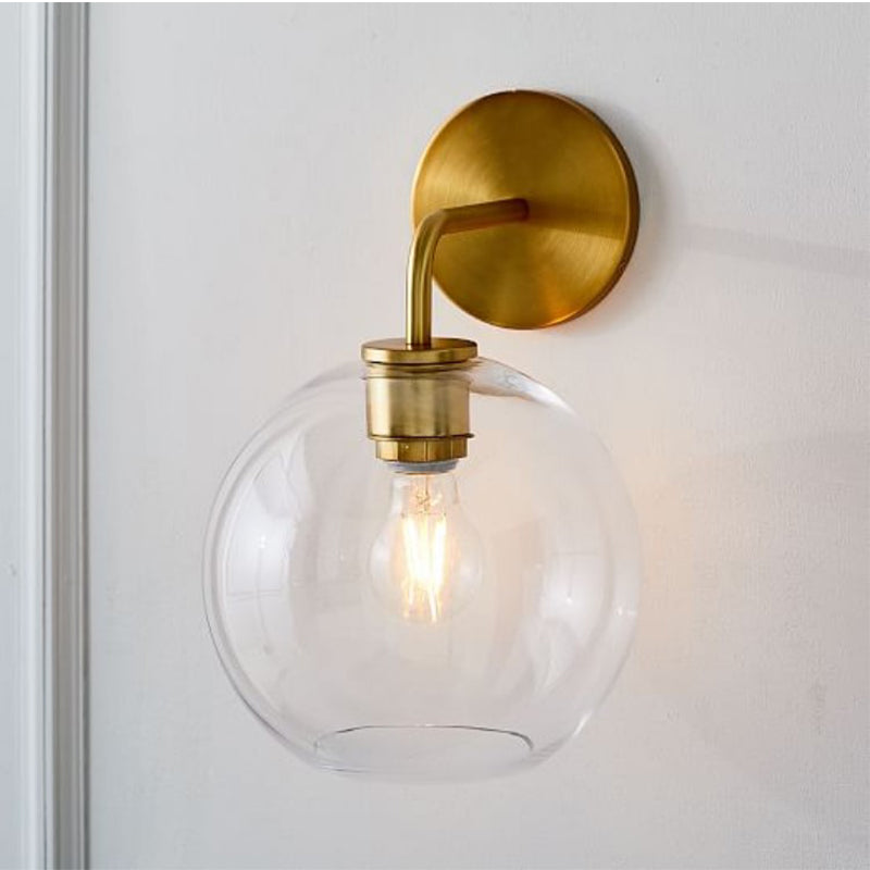 Clear/White Glass Orb Sconce Light Post Modern Single Light Wall Sconce with Brass Arm Clear Clearhalo 'Cast Iron' 'Glass' 'Industrial' 'Modern wall lights' 'Modern' 'Tiffany' 'Traditional wall lights' 'Wall Lamps & Sconces' 'Wall Lights' Lighting' 275700