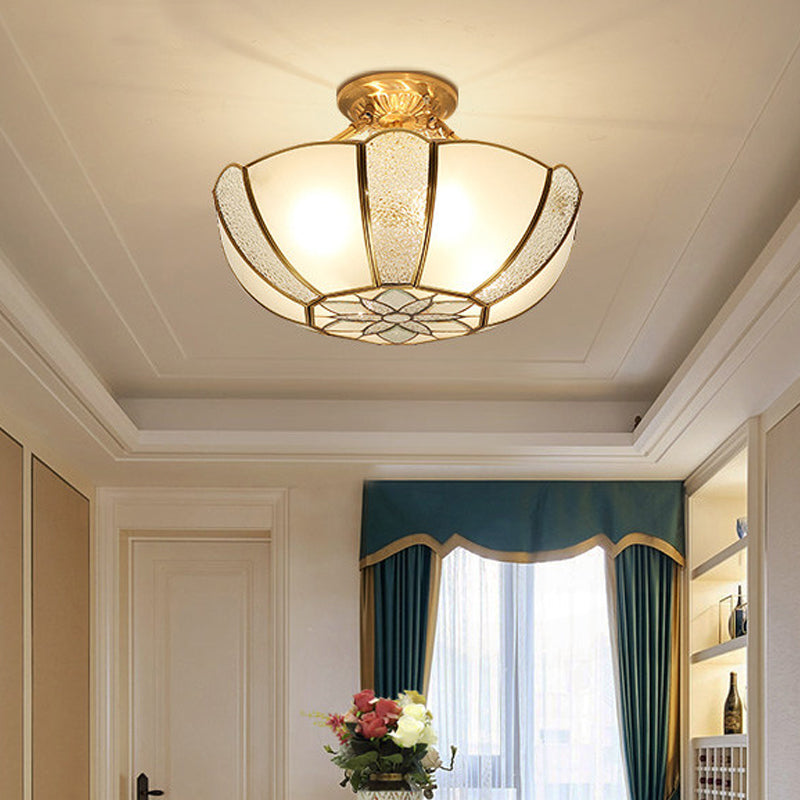 Gold Dome Ceiling Lighting Classic Metal 3 Lights Living Room Semi Flush Mount with White Beveled Glass Shade Gold Clearhalo 'Ceiling Lights' 'Close To Ceiling Lights' 'Close to ceiling' 'Semi-flushmount' Lighting' 275721