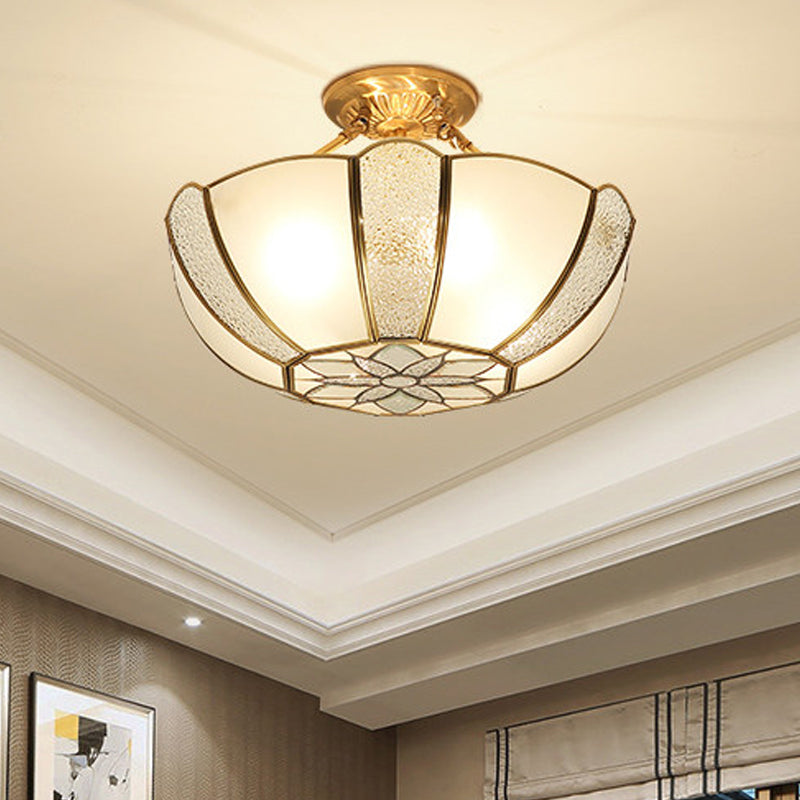 Gold Dome Ceiling Lighting Classic Metal 3 Lights Living Room Semi Flush Mount with White Beveled Glass Shade Clearhalo 'Ceiling Lights' 'Close To Ceiling Lights' 'Close to ceiling' 'Semi-flushmount' Lighting' 275722