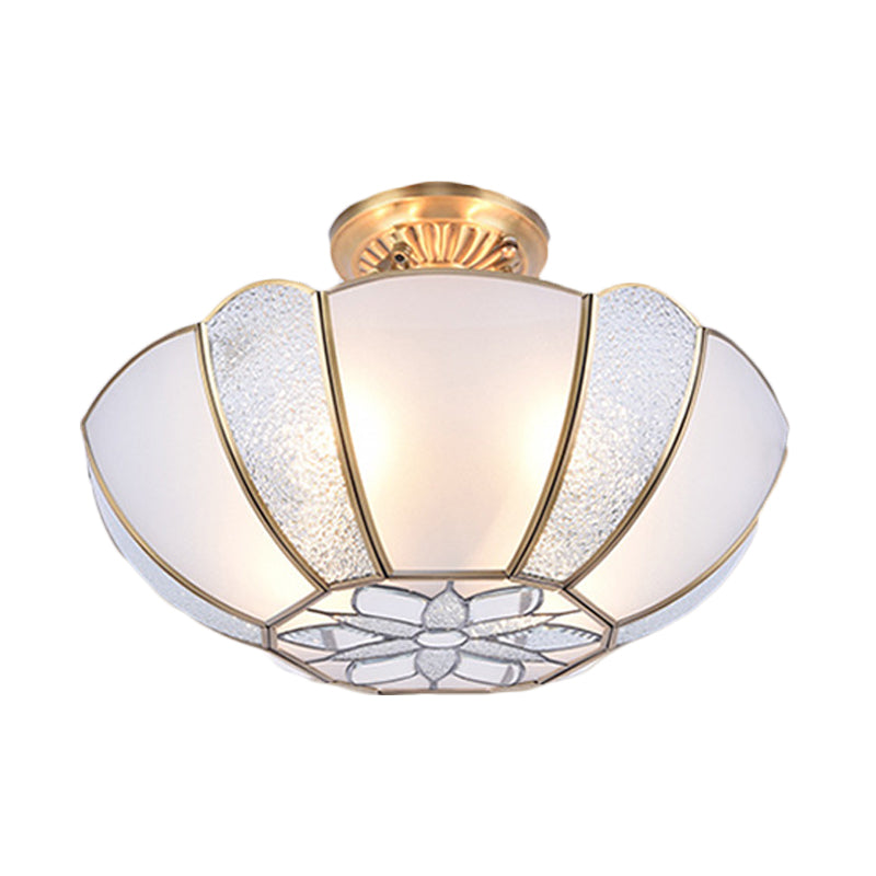 Gold Dome Ceiling Lighting Classic Metal 3 Lights Living Room Semi Flush Mount with White Beveled Glass Shade Clearhalo 'Ceiling Lights' 'Close To Ceiling Lights' 'Close to ceiling' 'Semi-flushmount' Lighting' 275724