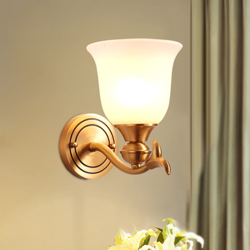 Brass Finish 1/2-Head Wall Lamp Modern Stylish White Glass Flared Shade Wall Sconce Fixture for Bedroom Clearhalo 'Wall Lamps & Sconces' 'Wall Lights' Lighting' 275761