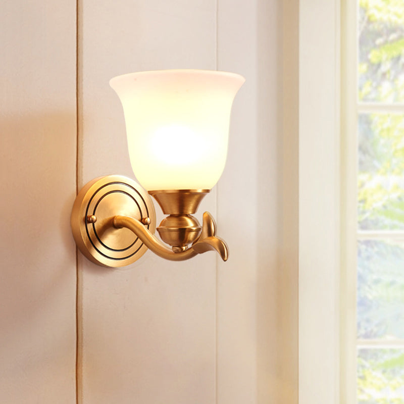 Brass Finish 1/2-Head Wall Lamp Modern Stylish White Glass Flared Shade Wall Sconce Fixture for Bedroom Clearhalo 'Wall Lamps & Sconces' 'Wall Lights' Lighting' 275762