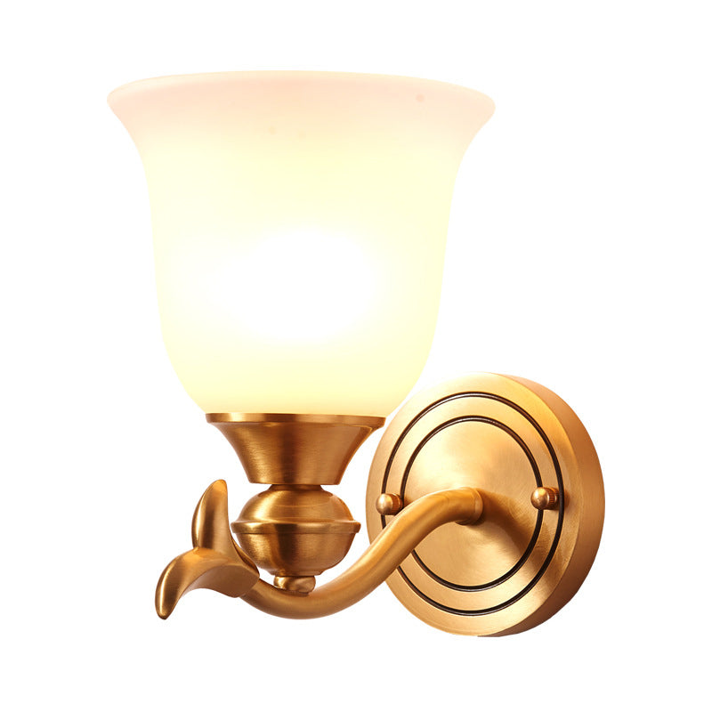 Brass Finish 1/2-Head Wall Lamp Modern Stylish White Glass Flared Shade Wall Sconce Fixture for Bedroom Clearhalo 'Wall Lamps & Sconces' 'Wall Lights' Lighting' 275764