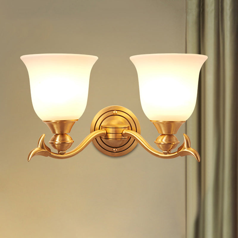 Brass Finish 1/2-Head Wall Lamp Modern Stylish White Glass Flared Shade Wall Sconce Fixture for Bedroom 2.0 Brass Clearhalo 'Wall Lamps & Sconces' 'Wall Lights' Lighting' 275766