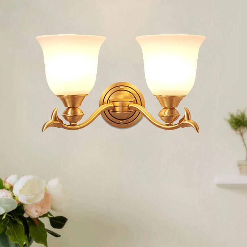 Brass Finish 1/2-Head Wall Lamp Modern Stylish White Glass Flared Shade Wall Sconce Fixture for Bedroom Clearhalo 'Wall Lamps & Sconces' 'Wall Lights' Lighting' 275767