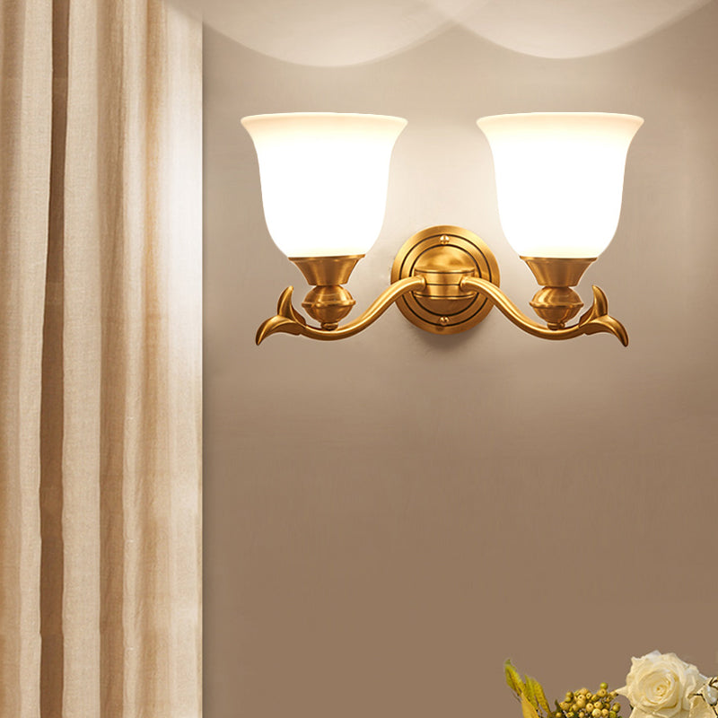 Brass Finish 1/2-Head Wall Lamp Modern Stylish White Glass Flared Shade Wall Sconce Fixture for Bedroom Clearhalo 'Wall Lamps & Sconces' 'Wall Lights' Lighting' 275768