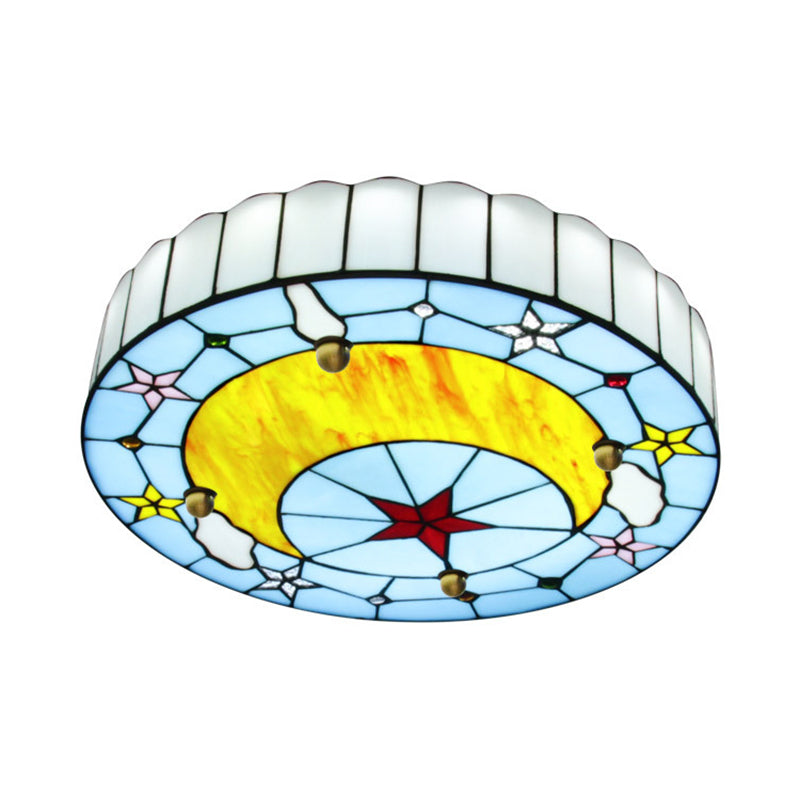 12"/16" W Moon Flush Ceiling Light Modern Tiffany Stained Glass Semi Flush Mount Light in Blue Clearhalo 'Ceiling Lights' 'Close To Ceiling Lights' 'Close to ceiling' 'Flush mount' Lighting' 27588