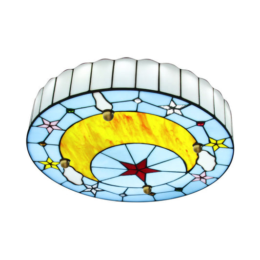 12"/16" W Moon Flush Ceiling Light Modern Tiffany Stained Glass Semi Flush Mount Light in Blue Clearhalo 'Ceiling Lights' 'Close To Ceiling Lights' 'Close to ceiling' 'Flush mount' Lighting' 27588