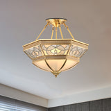 Brass Bowl Semi Flush Mount Vintage Frosted Glass 4 Lights Living Room Semi Flush Lighting Brass Clearhalo 'Ceiling Lights' 'Close To Ceiling Lights' 'Close to ceiling' 'Glass shade' 'Glass' 'Semi-flushmount' Lighting' 275907