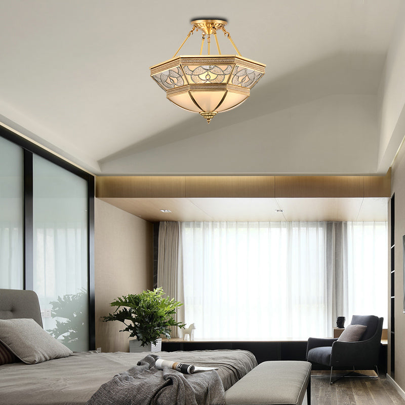 Brass Bowl Semi Flush Mount Vintage Frosted Glass 4 Lights Living Room Semi Flush Lighting Clearhalo 'Ceiling Lights' 'Close To Ceiling Lights' 'Close to ceiling' 'Glass shade' 'Glass' 'Semi-flushmount' Lighting' 275909