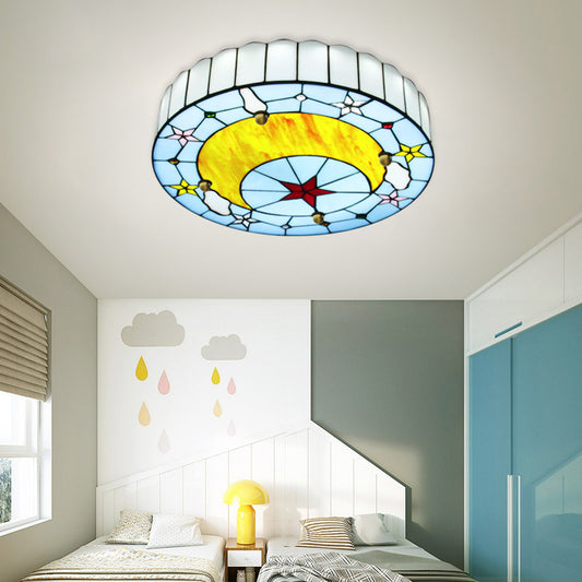 12"/16" W Moon Flush Ceiling Light Modern Tiffany Stained Glass Semi Flush Mount Light in Blue Blue Clearhalo 'Ceiling Lights' 'Close To Ceiling Lights' 'Close to ceiling' 'Flush mount' Lighting' 27590