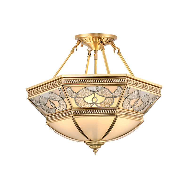 Brass Bowl Semi Flush Mount Vintage Frosted Glass 4 Lights Living Room Semi Flush Lighting Clearhalo 'Ceiling Lights' 'Close To Ceiling Lights' 'Close to ceiling' 'Glass shade' 'Glass' 'Semi-flushmount' Lighting' 275910