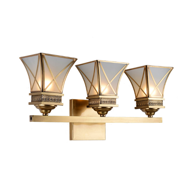 Brass Bell Wall Vanity Light Traditional Metal 3 Lights Bathroom Wall Sconce with Frosted Glass Shade Clearhalo 'Vanity Lights' 'Wall Lights' Lighting' 275929