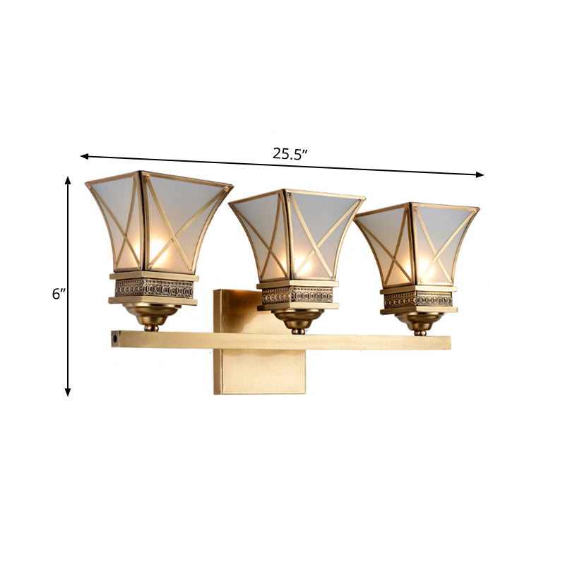 Brass Bell Wall Vanity Light Traditional Metal 3 Lights Bathroom Wall Sconce with Frosted Glass Shade Clearhalo 'Vanity Lights' 'Wall Lights' Lighting' 275930