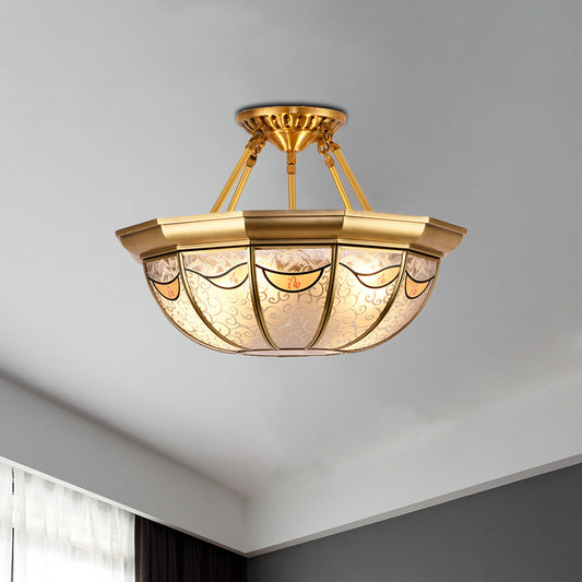 4 Lights Bowl Semi Flush Lighting Traditional Brass Metal Semi-Flush Mount for Dining Room Brass Clearhalo 'Ceiling Lights' 'Close To Ceiling Lights' 'Close to ceiling' 'Semi-flushmount' Lighting' 275932