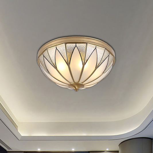 4 Lights Opal Glass Flush Mount Lighting Fixture Traditional Brass Inverted Living Room Close to Ceiling Light Brass Clearhalo 'Ceiling Lights' 'Close To Ceiling Lights' 'Close to ceiling' 'Flush mount' Lighting' 275969