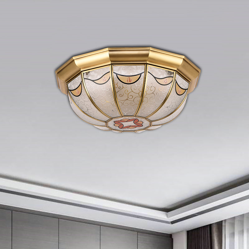 Domed Shade Frosted Glass Flush Ceiling Light Traditional 4-Light Dining Room Flush Mount Lighting in Brass with Flower Pattern Brass Clearhalo 'Ceiling Lights' 'Close To Ceiling Lights' 'Close to ceiling' 'Flush mount' Lighting' 275988