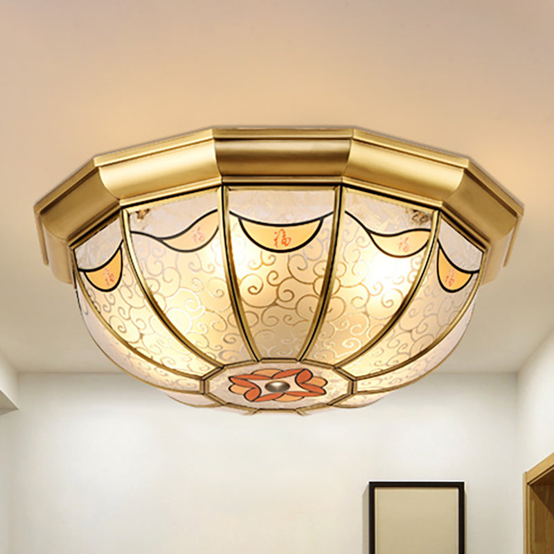 Domed Shade Frosted Glass Flush Ceiling Light Traditional 4-Light Dining Room Flush Mount Lighting in Brass with Flower Pattern Clearhalo 'Ceiling Lights' 'Close To Ceiling Lights' 'Close to ceiling' 'Flush mount' Lighting' 275989