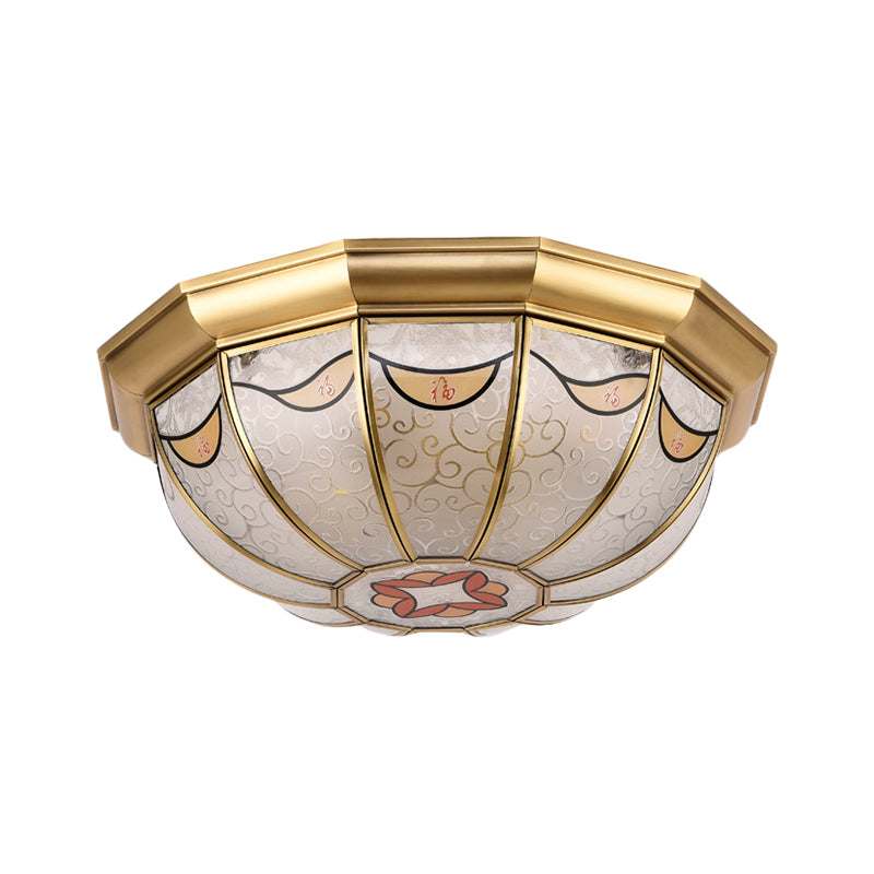 Domed Shade Frosted Glass Flush Ceiling Light Traditional 4-Light Dining Room Flush Mount Lighting in Brass with Flower Pattern Clearhalo 'Ceiling Lights' 'Close To Ceiling Lights' 'Close to ceiling' 'Flush mount' Lighting' 275991