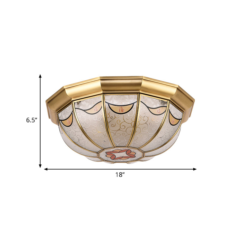 Domed Shade Frosted Glass Flush Ceiling Light Traditional 4-Light Dining Room Flush Mount Lighting in Brass with Flower Pattern Clearhalo 'Ceiling Lights' 'Close To Ceiling Lights' 'Close to ceiling' 'Flush mount' Lighting' 275992