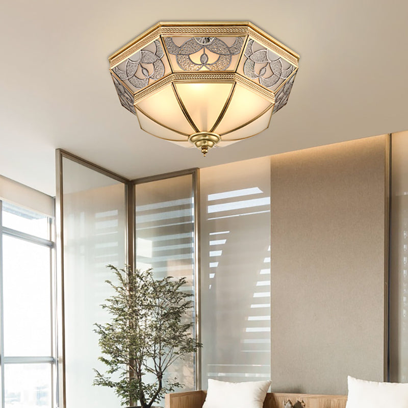 Domed Living Room Flush Mount Lamp Classic Frosted Glass 4 Lights Brass Flush Light Fixture Clearhalo 'Ceiling Lights' 'Close To Ceiling Lights' 'Close to ceiling' 'Flush mount' Lighting' 276007