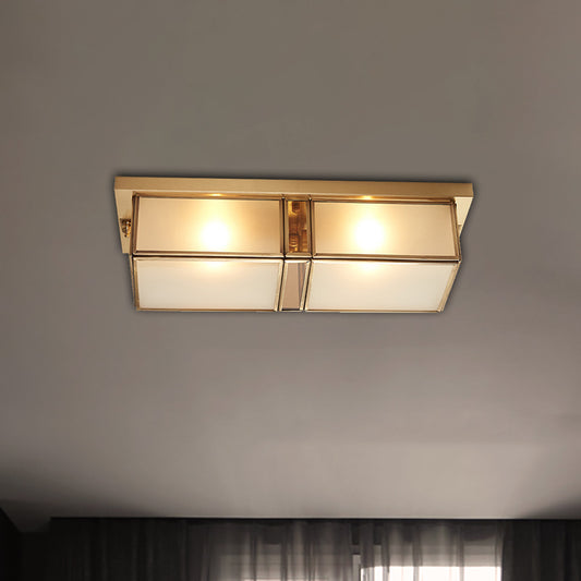 Brass Rectangle Flush Mount Fixture Classic Frosted Glass 4 Lights Living Room Flush Light Brass Clearhalo 'Ceiling Lights' 'Close To Ceiling Lights' 'Close to ceiling' 'Flush mount' Lighting' 276011