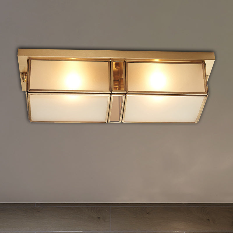 Brass Rectangle Flush Mount Fixture Classic Frosted Glass 4 Lights Living Room Flush Light Clearhalo 'Ceiling Lights' 'Close To Ceiling Lights' 'Close to ceiling' 'Flush mount' Lighting' 276012