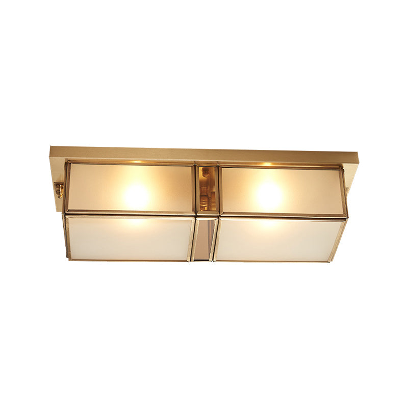 Brass Rectangle Flush Mount Fixture Classic Frosted Glass 4 Lights Living Room Flush Light Clearhalo 'Ceiling Lights' 'Close To Ceiling Lights' 'Close to ceiling' 'Flush mount' Lighting' 276014