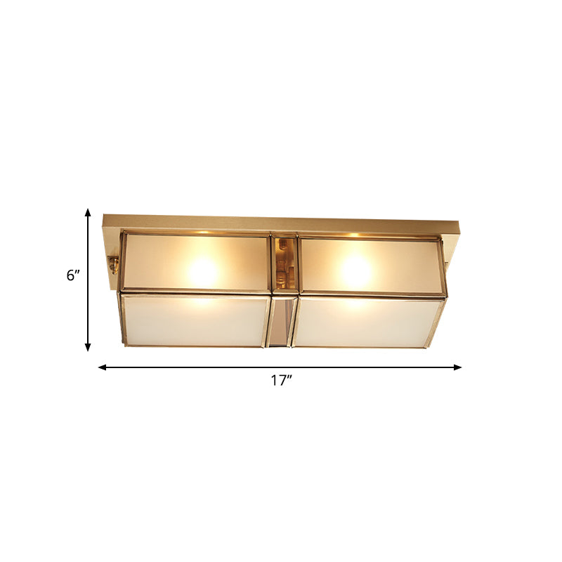 Brass Rectangle Flush Mount Fixture Classic Frosted Glass 4 Lights Living Room Flush Light Clearhalo 'Ceiling Lights' 'Close To Ceiling Lights' 'Close to ceiling' 'Flush mount' Lighting' 276015