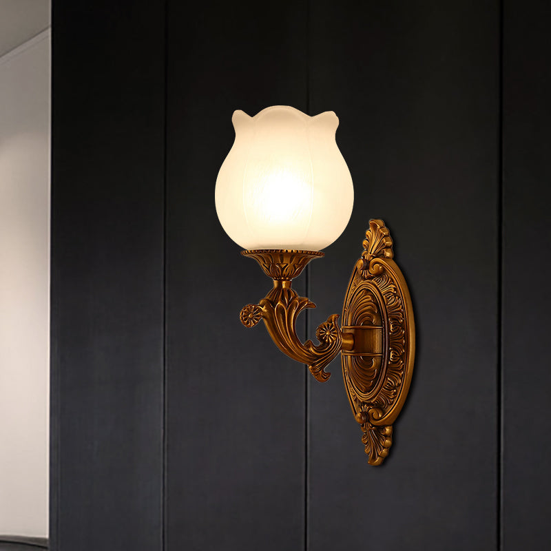 Petal Milk Glass Wall Light Sconce Traditional Stylish 1 Bulb Bedroom Wall Mount Light in Gold Brass Clearhalo 'Wall Lamps & Sconces' 'Wall Lights' Lighting' 276018