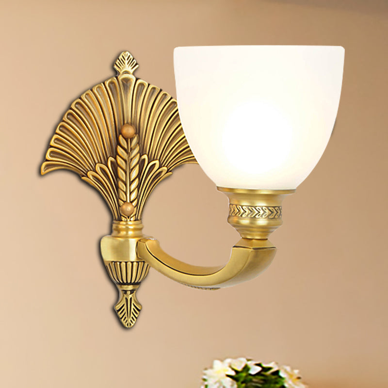 Bowl Shade Bedroom Sconce Lamp Vintage Stylish Frosted Glass 1/2-Head Gold Finish Wall Lighting Clearhalo 'Wall Lamps & Sconces' 'Wall Lights' Lighting' 276042