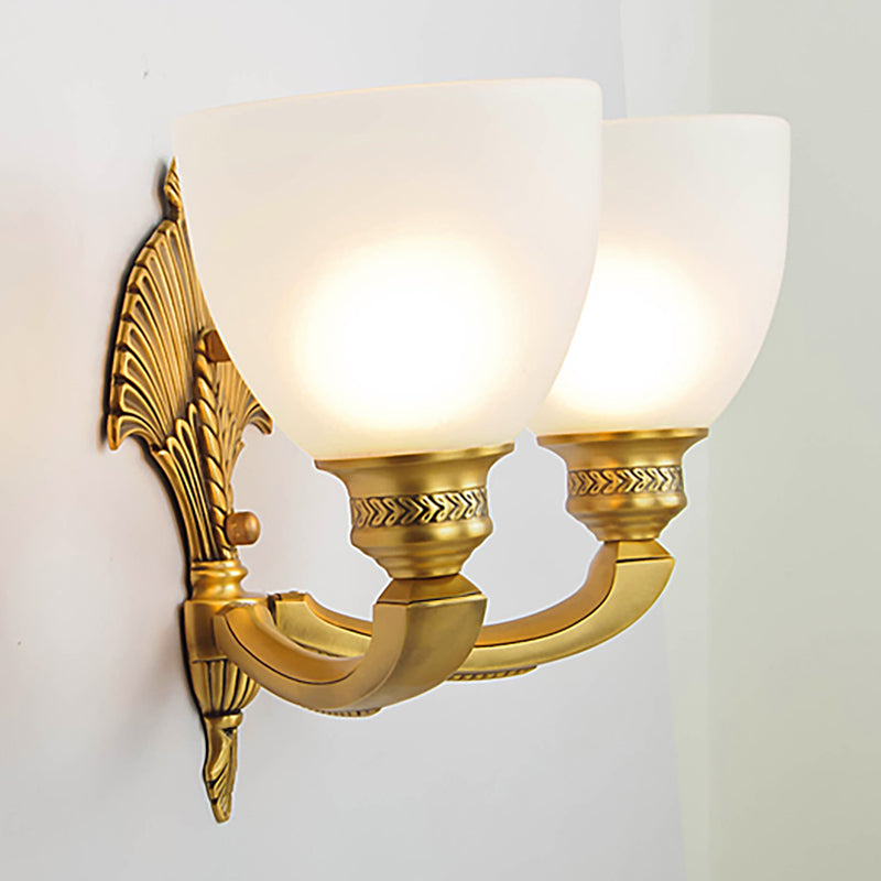 Bowl Shade Bedroom Sconce Lamp Vintage Stylish Frosted Glass 1/2-Head Gold Finish Wall Lighting 2.0 Gold Clearhalo 'Wall Lamps & Sconces' 'Wall Lights' Lighting' 276046