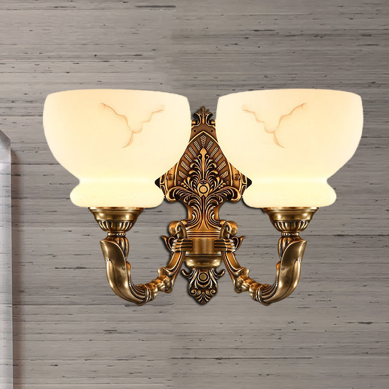 Colonial Style Bowl Shade Wall Mount Light 1/2-Light Frosted Glass Wall Lighting in Gold for Living Room 2.0 Brass Clearhalo 'Wall Lamps & Sconces' 'Wall Lights' Lighting' 276056