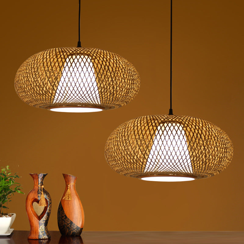 Curved Drum Pendant Lighting Tradition Bamboo 1 Bulb 12"/14"/16" Wide Wood Hanging Lamp Kit Wood Clearhalo 'Ceiling Lights' 'Modern Pendants' 'Modern' 'Pendant Lights' 'Pendants' Lighting' 276061