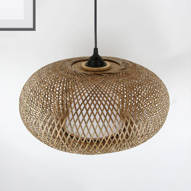 Curved Drum Pendant Lighting Tradition Bamboo 1 Bulb 12"/14"/16" Wide Wood Hanging Lamp Kit Clearhalo 'Ceiling Lights' 'Modern Pendants' 'Modern' 'Pendant Lights' 'Pendants' Lighting' 276062