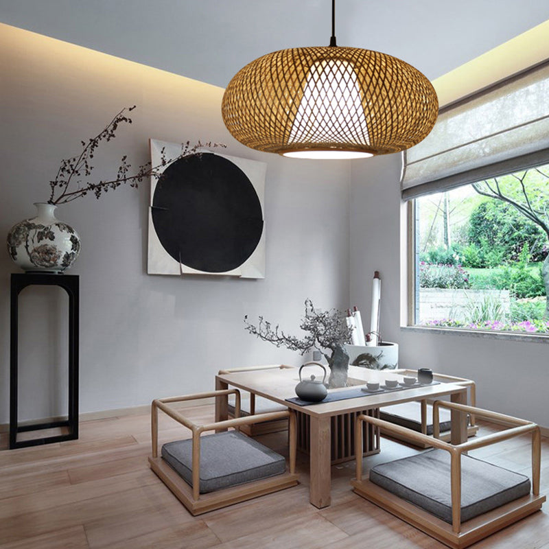 Curved Drum Pendant Lighting Tradition Bamboo 1 Bulb 12"/14"/16" Wide Wood Hanging Lamp Kit Clearhalo 'Ceiling Lights' 'Modern Pendants' 'Modern' 'Pendant Lights' 'Pendants' Lighting' 276064