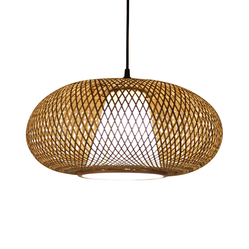 Curved Drum Pendant Lighting Tradition Bamboo 1 Bulb 12"/14"/16" Wide Wood Hanging Lamp Kit Clearhalo 'Ceiling Lights' 'Modern Pendants' 'Modern' 'Pendant Lights' 'Pendants' Lighting' 276065