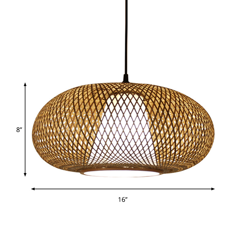 Curved Drum Pendant Lighting Tradition Bamboo 1 Bulb 12"/14"/16" Wide Wood Hanging Lamp Kit Clearhalo 'Ceiling Lights' 'Modern Pendants' 'Modern' 'Pendant Lights' 'Pendants' Lighting' 276068