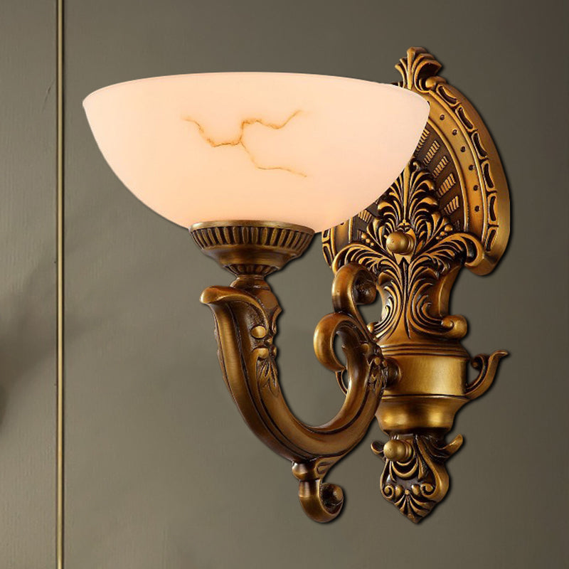 Antique Brass 1/2-Bulb Wall Mount Lighting Colonial Style Frosted Glass Bowl Shade Wall Lamp Clearhalo 'Wall Lamps & Sconces' 'Wall Lights' Lighting' 276070