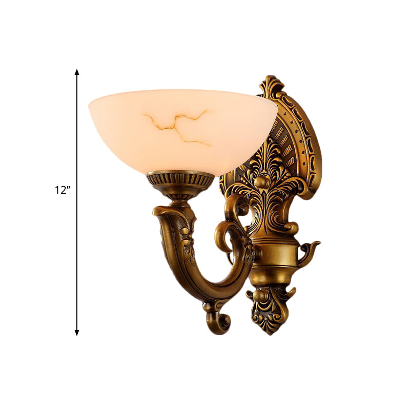 Antique Brass 1/2-Bulb Wall Mount Lighting Colonial Style Frosted Glass Bowl Shade Wall Lamp Clearhalo 'Wall Lamps & Sconces' 'Wall Lights' Lighting' 276073