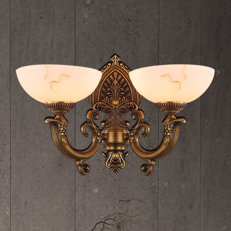 Antique Brass 1/2-Bulb Wall Mount Lighting Colonial Style Frosted Glass Bowl Shade Wall Lamp 2.0 Antique Brass Clearhalo 'Wall Lamps & Sconces' 'Wall Lights' Lighting' 276075