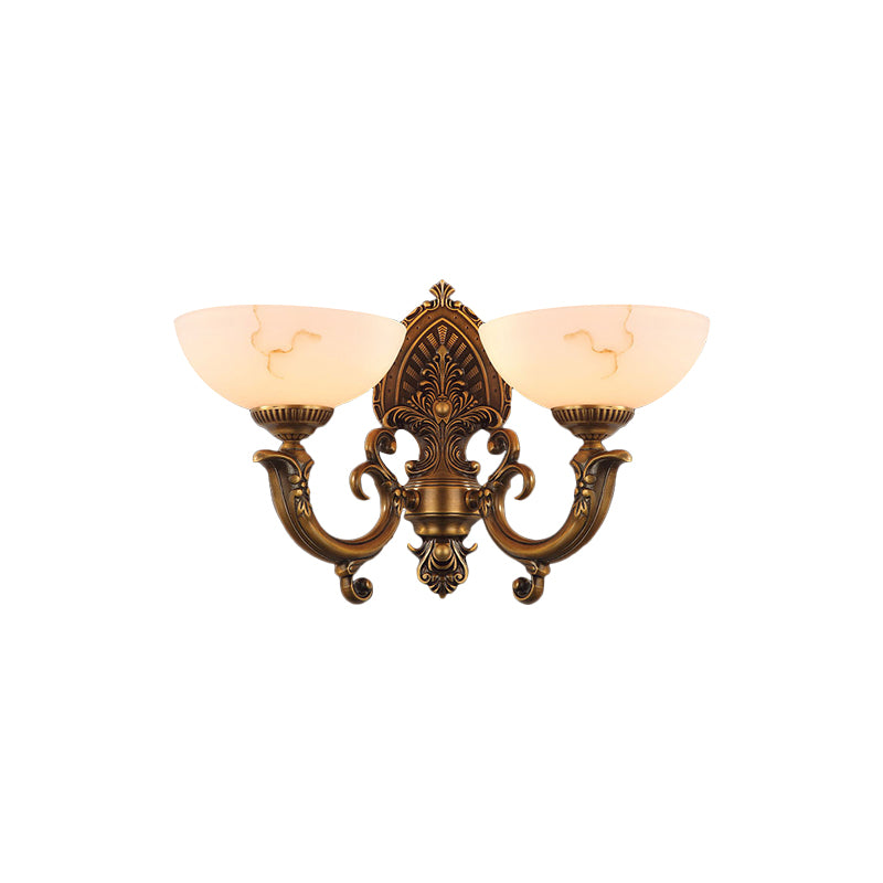 Antique Brass 1/2-Bulb Wall Mount Lighting Colonial Style Frosted Glass Bowl Shade Wall Lamp Clearhalo 'Wall Lamps & Sconces' 'Wall Lights' Lighting' 276078