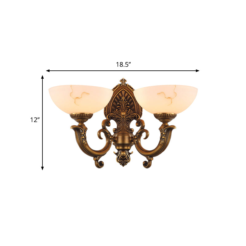 Antique Brass 1/2-Bulb Wall Mount Lighting Colonial Style Frosted Glass Bowl Shade Wall Lamp Clearhalo 'Wall Lamps & Sconces' 'Wall Lights' Lighting' 276079