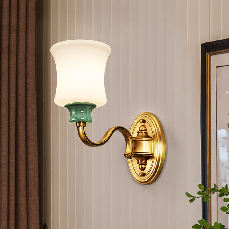 Metal Gold Finish Wall Sconce Bell 1/2-Bulb Vintage Style Wall Light Fixture with Milky Glass Shade 1.0 Gold Clearhalo 'Wall Lamps & Sconces' 'Wall Lights' Lighting' 276087